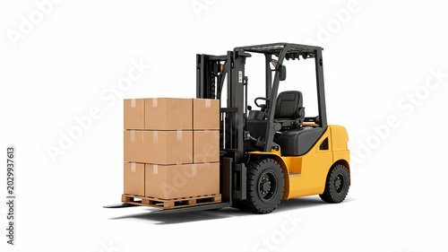 Yellow forklift truck lifting a stack of cardboard boxes on a wooden pallet with lift truck material handling heavy duty industrial vehicle supply chain