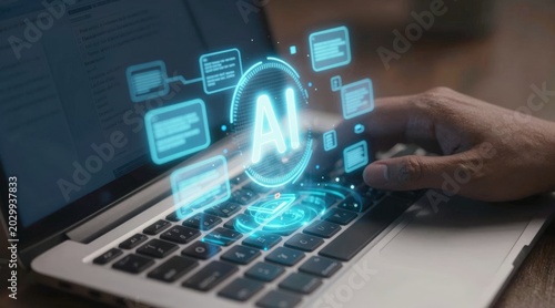 Programmer using laptop with AI coding assistant for software development and automation. Artificial intelligence generates code, detects bugs, optimizes workflow, and supports application building.