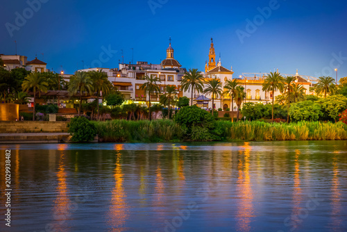 cityscape of Sevilla on river Guadalquivir, Spain