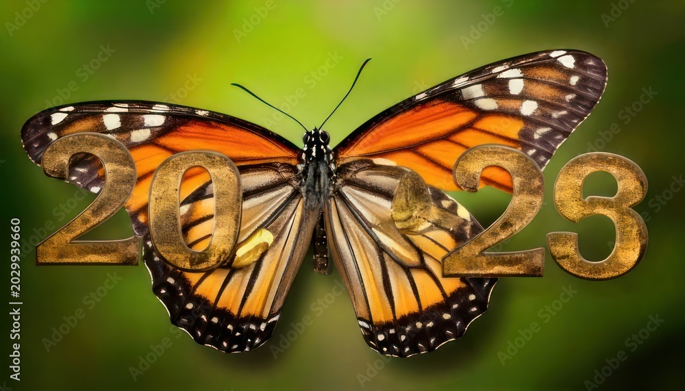 Fototapeta premium Butterfly with 2023 overlay, symbolizing transformation and new beginnings.