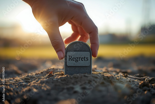 A hand gently places a small symbolic tombstone labeled Regrets into the soil at sunset, burying the past, emotional healing, moving forward concept.
