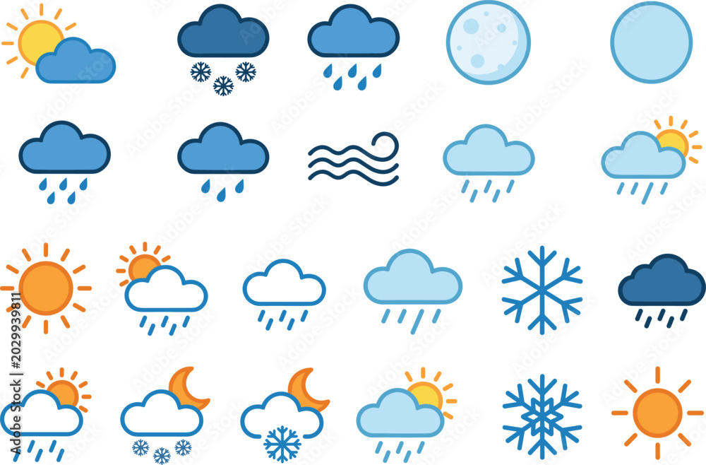 Obraz premium Weather Forecast Icons Collection Featuring Sun Rain Snow Clouds Moon and Climate Symbol Vector Set