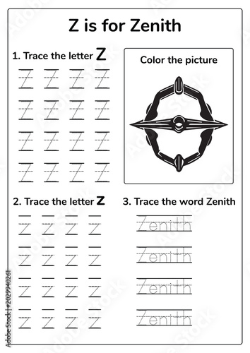 Space worksheet for kids, Z is for Zenith, teaching highest sky point concept. Ideal for preschool alphabet tracing, handwriting practice, and early astronomy learning activities.