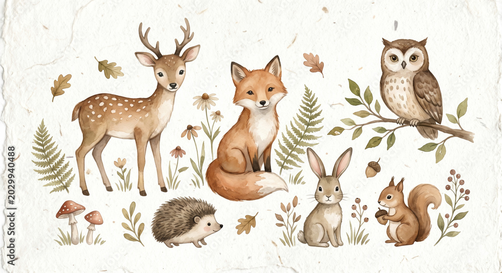 Fototapeta premium Charming woodland creatures illustration set featuring a deer, fox, hedgehog, rabbit, squirrel, and owl, perfect for nature-themed designs and children's illustrations, adding a whimsical touch.