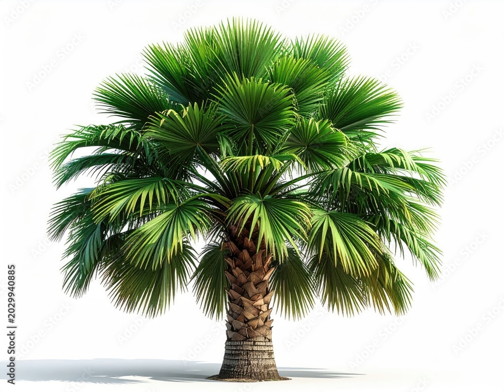 Fototapeta premium Lush, vibrant fan palm with a textured trunk against a clean white background