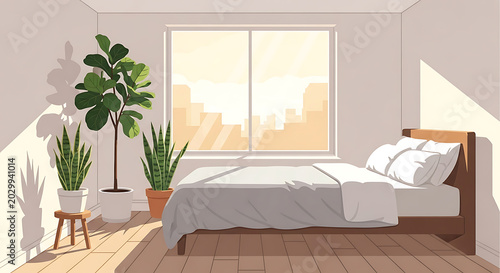 Cozy bedroom interior with plants and city view from window transparent background