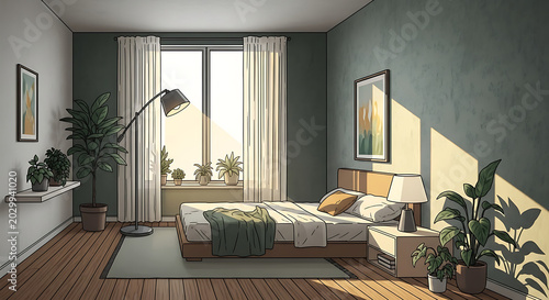 Cozy bedroom interior with plants and wooden furniture in natural light transparent background