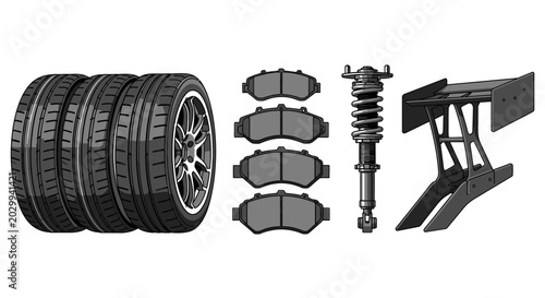Tableau sur toile Automotive Performance Parts: Tires, Brake Pads, Shock Absorber, Spoiler