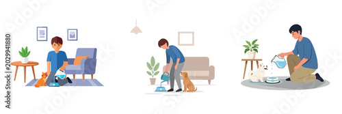 Foto Man caring for his pet dog, feeding and cleaning up after him