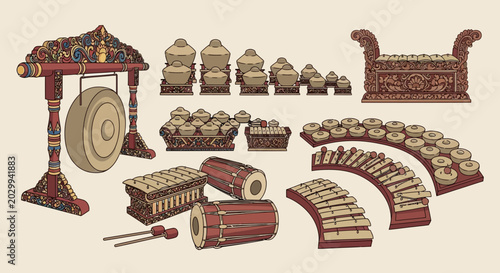 Bild auf Leinwand Traditional Indonesian Gamelan Musical Instruments Collection
