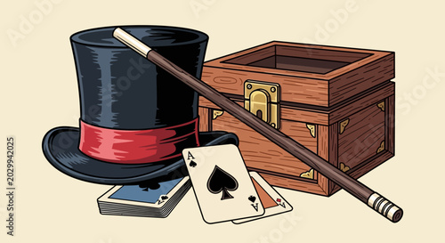 фотографія Magic Show Hat, Wand, Cards, and Chest Illustration