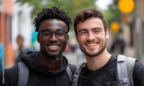 Two young men smiling and posing together on a city street, showcasing friendship and joy in an urban setting