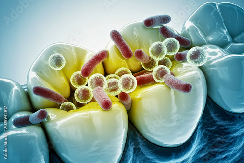 Medical 3D illustration of bacteria between teeth representing oral hygiene gum disease tooth decay and dental health awareness