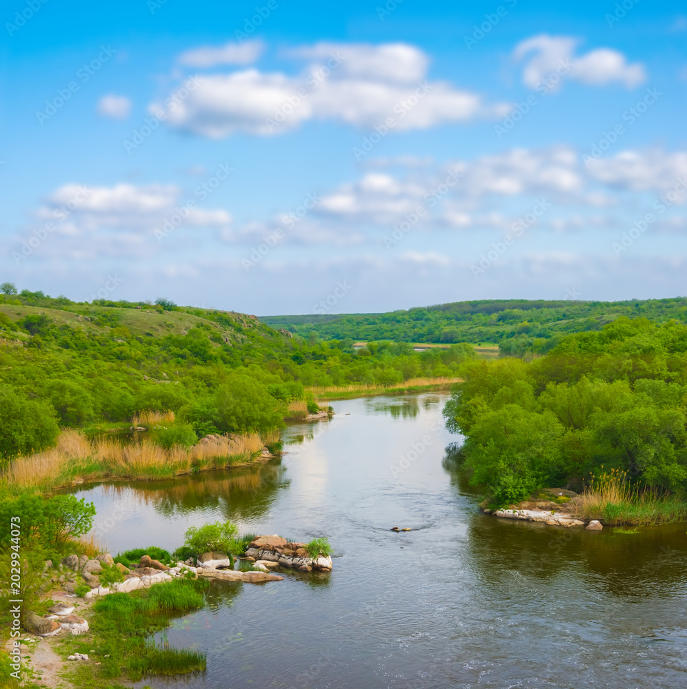 Fototapeta premium small river flow through green canyon under a blue cloudy sky