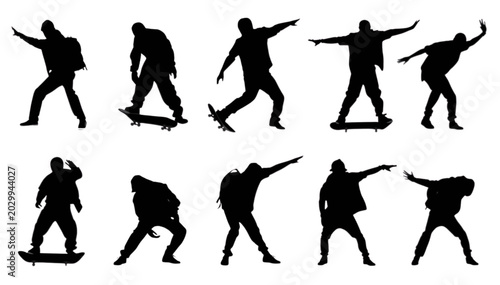 Action-packed collection of dynamic youth silhouettes in various street culture poses with skateboards