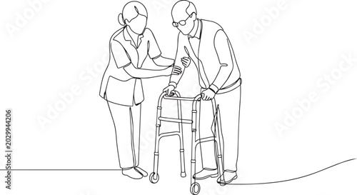 Elderly care, senior assistance, line drawing, minimalist illustration, healthcare support