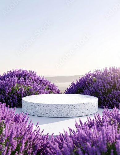 Circular pedestal surrounded by blooming purple lavender fields