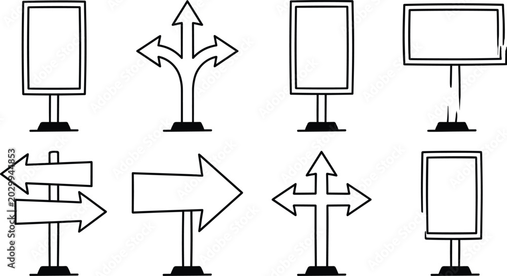 Fototapeta premium Hand drawn doodle road signpost and directional arrow vector icon set for navigation banner blank board options isolated
