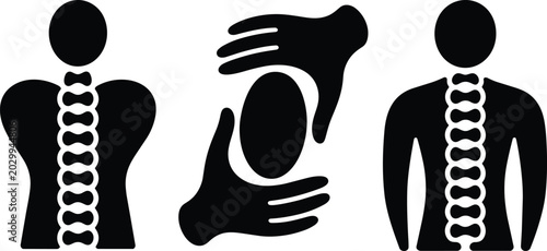 Human spine body anatomy, chiropractic therapy, and medical care treatment icons set, professional health concept in solid style