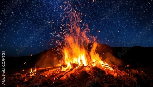 Campfire under a starry sky - A warm and inviting night scene.