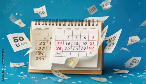 Calendar with flying pages against blue background, time concept.