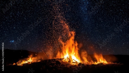 Campfire under a starry night sky - A warm glow against the cosmos.