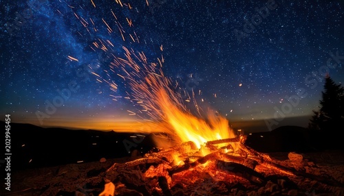 Campfire Under the Stars - A Nighttime Scene of Warmth and Wonder.