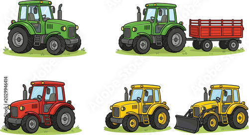 Cartoon tractor illustrations in farming machinery set with modern, vintage, and silhouette agricultural vehicle artwork designs