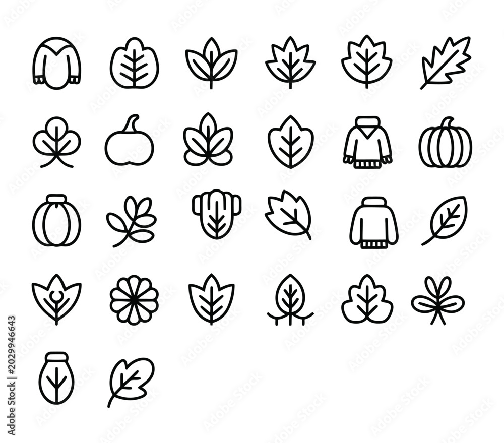 Fototapeta premium Autumn harvest and fall season themed icon set featuring leaves and pumpkins