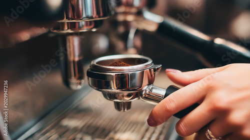 closeup of hand holding espresso portafilter with fresh ground coffee near professional machine concept of barista culture cafe lifestyle and specialty coffee