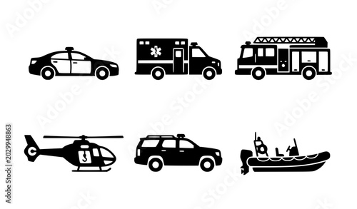 Emergency services transport silhouette icon set monochrome vector illustration