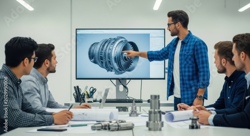Team of Professional Engineers Discussing 3D CAD Model of Jet Engine Turbine in Modern Office Meeting