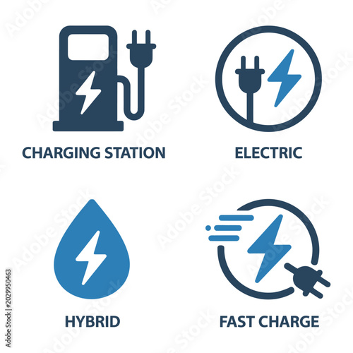 Foto Vector of electric vehicle charging icons including a charging station and fast