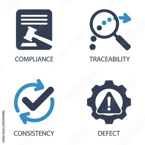 Vector of key quality control concepts with compliance, traceability, consistency, and defect icons.