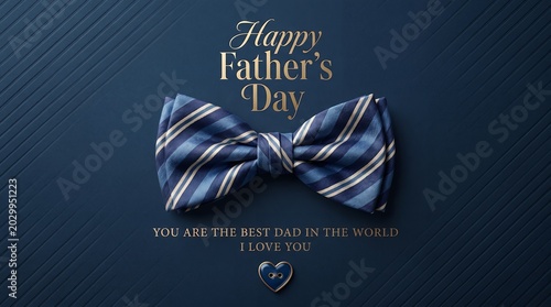 Blue speckled bow tie on a deep blue textured background with elegant gold foil 'happy father's day' text fathers day flat lay dark blue celebration