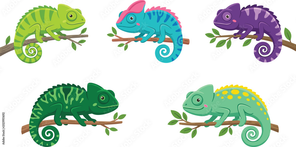 Fototapeta premium Cartoon chameleon character set with cute colorful lizards sitting on tree branches isolated on white background