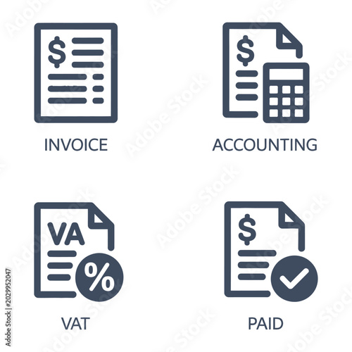 Vector icons representing financial concepts including invoice, accounting, vat, and paid status for business transactions