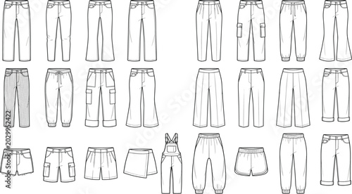 Canvas Print Women pants trousers and denim shorts fashion technical sketch collection with v