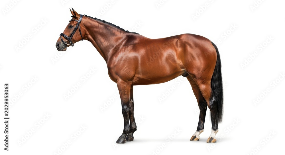 Fototapeta premium Beautiful Bay Horse Standing in Profile Isolated on White Background - Equestrian Sport and Breeding Concept