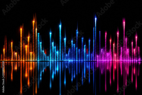 Abstract Neon Equalizer Bars with Orange Blue and Pink Glow on Dark Background