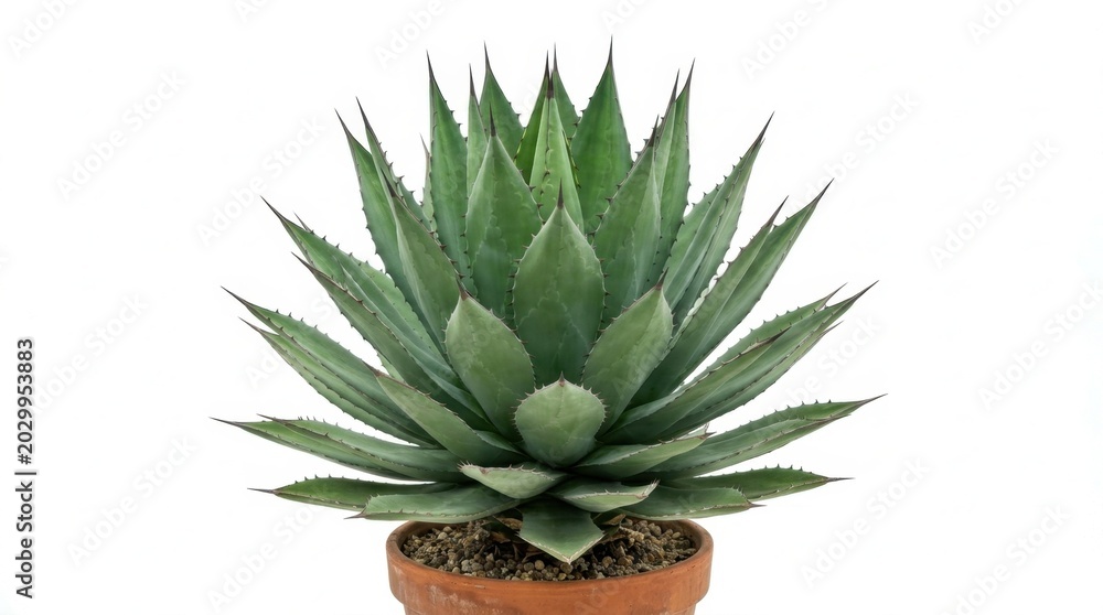 Fototapeta premium Beautiful Agave plant in a terracotta pot on a clean white background. Potted succulent with sharp, vibrant green leaves, ideal for modern indoor decor or xeriscape gardening.