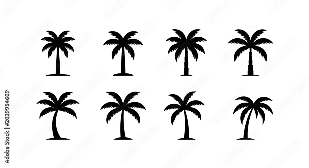 Obraz premium Set of Black Palm Tree Silhouettes on White Background