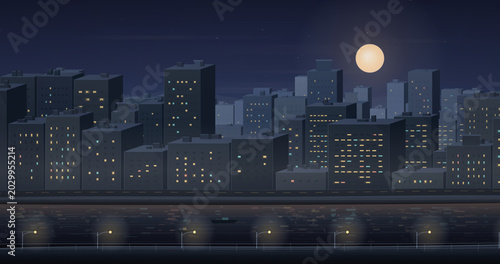 Bild auf Leinwand Moonlit Urban Skyline Along a Tranquil River