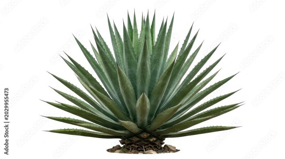 Fototapeta premium Vibrant Agave Plant Isolated on White Background for Botanical Design and Tequila Production, a Spiky Succulent Perfect for Desert Landscaping and Natural Health Products.