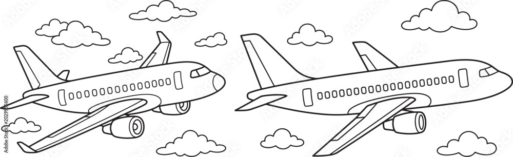 Naklejka premium Two outline airplanes flying in the sky with clouds landing gear airline industry air travel airplane aircraft aviation