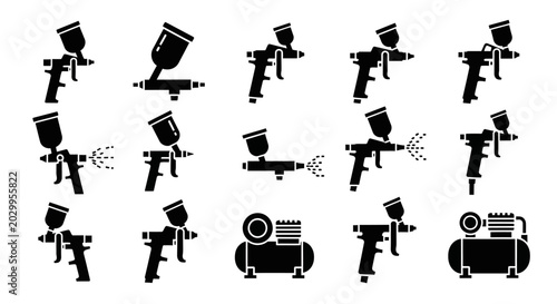 Spray Gun Icons Set, Painting Tool Collection, Airbrush Vector Graphics