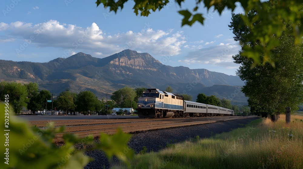 Fototapeta premium A train travels through a scenic mountainous landscape framed by lush green foliage