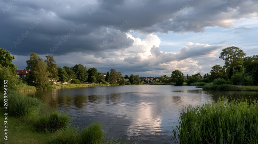Obraz premium Dramatic heavy storm clouds dominate the sky over a vast landscape during a moody overcast scene