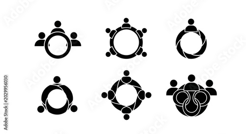 Teamwork Collaboration Icons: People in Circle Meeting and Discussion
