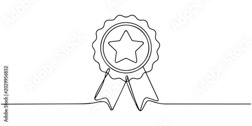 Tableau sur toile Continuous line art of an award ribbon with star in center on white background